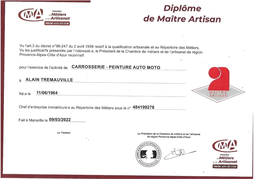 Diplôme de Maître Artisan en carrosserie